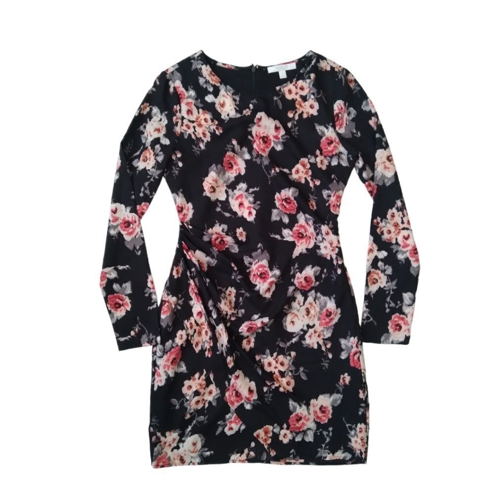 Piperlime Black Floral Pattern Long Sleeve Above Knee Ruched Dress Women's Small